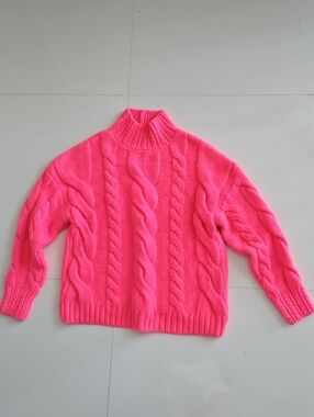 Anthropologie Neon Pink Cable Knit Mock Neck Sweater